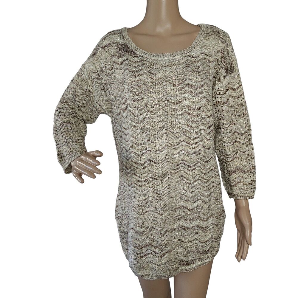 Kim Rogers Metallic Chevron Knit Tunic Long Sleeve Sweater Gold Bronze - Large